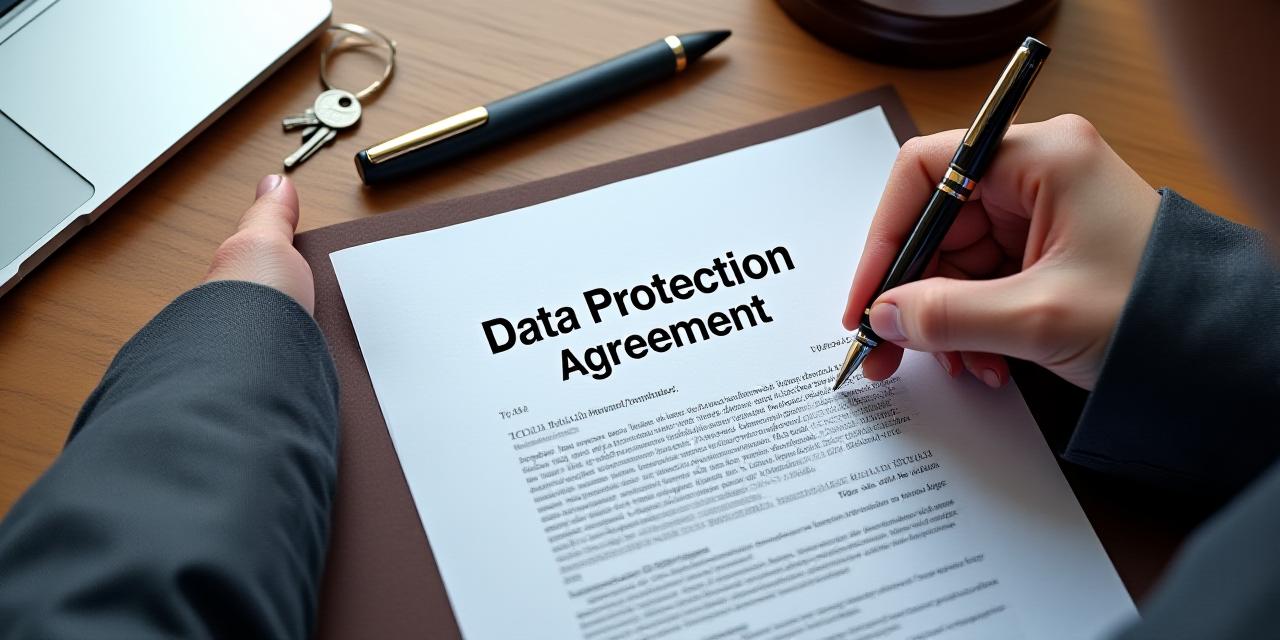 Close-up of a legal professional reviewing data protection documents on a clean desk