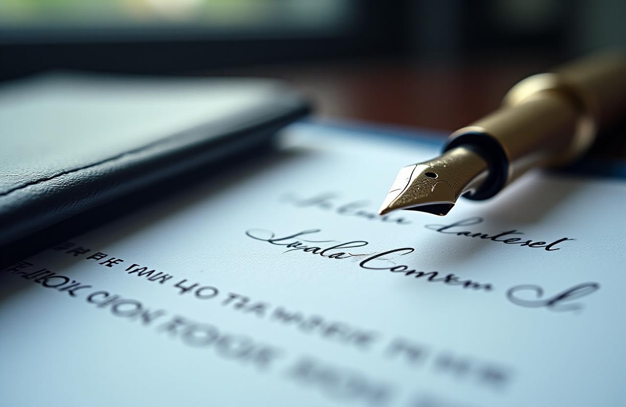 Close up of professional legal documents and fountain pen